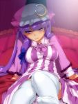  1girl bed breasts canopy_bed crescent dress hyudora large_breasts long_hair long_sleeves looking_at_viewer mob_cap on_bed outstretched_foot outstretched_leg patchouli_knowledge pink_eyes purple_hair sitting smile solo striped striped_dress thigh-highs thighs touhou white_legwear zettai_ryouiki 