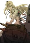  1girl blonde_hair blurry boushi-ya braid breasts cable cannon chair crown cyborg depth_of_field french_braid from_below from_side jewelry kantai_collection long_hair long_sleeves looking_away machinery medium_breasts necklace off_shoulder simple_background solo thigh-highs turret warspite_(kantai_collection) water_drop white_background white_legwear wire 