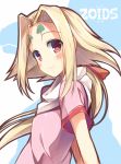 1girl blonde_hair blush copyright_name facial_mark fiona_(zoids) forehead_mark long_hair looking_at_viewer nozomi_tsubame red_eyes smile solo upper_body zoids zoids_chaotic_century 