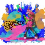  1boy copyright_name dark_skin full_body grin hand_in_pocket high_collar inkling jersey kwk mask one_side_up paint_splatter pink_eyes pink_hair pointy_ears shoes short_hair smile sneakers solo splatoon trigger_discipline weapon 