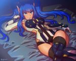  1girl akairiot armpits blue_eyes blue_hair bodysuit borrowed_character breasts elbow_gloves eyeshadow fingerless_gloves gloves knee_pads knees_touching large_breasts long_hair looking_at_viewer lying makeup neon_trim on_back payot phantasy_star phantasy_star_online_2 pointy_ears smile solo thigh-highs twintails wide_hips 