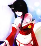  1girl ahri animal_ears bare_shoulders black_hair closed_eyes league_of_legends midriff mizoreame solo 