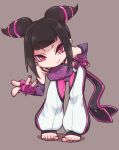  barefoot belt black_hair bracelet chibi fingerless_gloves gloves han_juri jewelry leaning_forward looking_at_viewer nail_polish pants r_(waru) smile spiked_bracelet spikes street_fighter tied_hair toeless_socks toenail_polish toes violet_eyes 