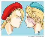  2girls beret blonde_hair blue_eyes braid cammy_white commentary decapre eye_contact face faceoff from_side garrison_cap hat jitome long_hair looking_at_another m-a-v-e-r-i-c-k multiple_girls no_mask nose signature street_fighter twin_braids ultra_street_fighter_iv watermark web_address yellow_eyes 