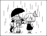 &gt;_&lt; 2girls :d ^_^ animal_ears bow cat_ears cat_tail chen chibi closed_eyes demekyon hair_bow jewelry mob_cap monochrome multiple_girls multiple_tails nekomata open_mouth rain rumia short_hair short_sleeves single_earring smile tail touhou two_tails umbrella wavy_mouth 