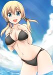  1girl :d anchor_hair_ornament bikini black_bikini blonde_hair blue_sky blush breasts fuuma_nagi hair_ornament kantai_collection large_breasts long_hair looking_at_viewer open_mouth prinz_eugen_(kantai_collection) sky smile solo swimsuit twintails under_boob wading water 