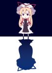  1girl :x bell beni_shake blonde_hair bow deformed hair_bow hair_ornament hat hat_removed headwear_removed reflection silhouette solo touhou violet_eyes yakumo_yukari 
