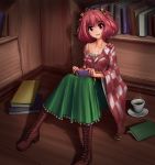  1girl bell book bookshelf boots checkered collarbone cup hair_bell hair_ornament hater_(artist) highres japanese_clothes long_skirt long_sleeves looking_at_viewer motoori_kosuzu off_shoulder on_floor open_book open_mouth red_eyes redhead short_hair sitting skirt smile solo touhou twintails wide_sleeves 