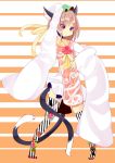  1girl alternate_costume animal_ears argyle arm_above_head ascot bakeneko brown_hair cat_ears cat_tail chen dress floral_print flower green_hat hair_ribbon highres konbukonnukko light_smile looking_at_viewer mob_cap multiple_tails no_shoes red_rose ribbon rose short_hair sleeves_past_wrists smile solo striped striped_background striped_legwear tabard tail thigh-highs tiptoes touhou two_tails violet_eyes white_clothes yin_yang 