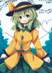  1girl beni_shake green_eyes green_hair hat hat_ribbon heart heart_of_string komeiji_koishi long_sleeves open_mouth ribbon shirt skirt smile solo touhou wide_sleeves 