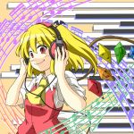  1girl ascot blonde_hair cable clearfile fang flandre_scarlet hands_on_headphones headphones looking_at_viewer musical_note red_eyes side_ponytail smile solo touhou wings 
