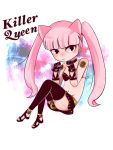  1girl animal_ears bangs bare_shoulders bell bell_collar bikini_top black_eyes blunt_bangs cat_ears chibi choker collar expressionless genderswap gloves hisui_(mandy2022) jojo_no_kimyou_na_bouken killer_queen loincloth long_hair miniskirt no_humans pink_hair pink_skin sandals shiny shirt skirt small_breasts stand_(jojo) strapless studs thigh-highs twintails very_long_hair 