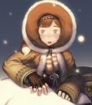  1girl bangs brown_hair fingerless_gloves gloves na_in-sung open_mouth original seal snowing solo 