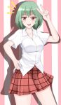  1girl breasts collarbone commentary green_hair highres kazami_yuuka large_breasts open_mouth red_eyes shirt short_sleeves skirt smile solo touhou v wendell 