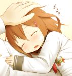  1boy 1girl admiral_(kantai_collection) bandage_on_face brown_hair closed_eyes diisuke fang hair_ornament hairclip hand_on_another&#039;s_head ikazuchi_(kantai_collection) jewelry kantai_collection medal open_mouth ring short_hair sleeping sleeping_on_person sleeves_past_wrists solo_focus wedding_band zzz 