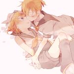 1boy 1girl ascot blonde_hair blush brother_and_sister closed_eyes detached_sleeves flower hair_ornament hair_ribbon hairpin hand_on_another&#039;s_head hetero incest kagamine_len kagamine_rin kiss looking_at_another lying makoji_(yomogi) musical_note necktie on_back ponytail ribbon sailor_collar short_hair siblings vocaloid 