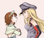  bare_shoulders bismarck_(kantai_collection) blonde_hair brown_hair capelet detached_sleeves eye_contact glasses hat kantai_collection long_hair looking_at_another lowres military military_hat military_uniform multiple_girls peaked_cap pince-nez roma_(kantai_collection) short_hair uniform 