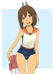  1girl bare_legs bare_shoulders brown_eyes brown_hair coelacanth_(gyotaku) collarbone dark_skin hair_ornament high_ponytail i-401_(kantai_collection) kantai_collection lifebuoy looking_at_viewer open_mouth ponytail sailor_collar school_swimsuit solo swimsuit swimsuit_under_clothes 