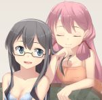  2girls akashi_(kantai_collection) bare_shoulders black-framed_glasses black_hair blue_eyes camisole closed_eyes glasses hair_ribbon hairband headband holding_hair kantai_collection lo_(rogu_ryouiki) multiple_girls ooyodo_(kantai_collection) payot pink_hair ribbon semi-rimless_glasses smelling_hair smile under-rim_glasses 