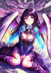  1girl angel_wings blush boots breasts brooch cleavage haori_iori jewelry long_hair looking_at_viewer original purple_hair sitting smile solo two_side_up v_arms violet_eyes wariza wings 