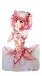  1girl absurdres bow choker dated dress gloves hair_bow highres jodan kaname_madoka looking_at_viewer magical_girl mahou_shoujo_madoka_magica pink_eyes pink_hair solo traditional_media twintails watercolor_(medium) white_background 