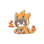  1girl akagi_(kantai_collection) black_hair blue_eyes blush charizard chibi closed_eyes costume crossover fang fire kantai_collection long_hair lowres mega_charizard_y open_mouth pokemon rebecca_(keinelove) sitting tail wings 