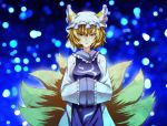 1girl animal_ears blonde_hair breasts dress fireflies fox_ears fox_tail hands_in_sleeves hat large_breasts looking_at_viewer multiple_tails pillow_hat short_hair solo tabard tachi-e tail touhou white_dress yagami_(mukage) yakumo_ran yellow_eyes 