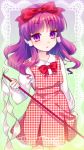  1girl alternate_costume amo blush bow dress expressionless frame gohei gradient gradient_background green_background hair_bow hair_ribbon hair_tubes hakurei_reimu hakurei_reimu_(pc-98) highres long_hair long_sleeves looking_at_viewer plaid plaid_dress purple_background purple_hair ribbon shirt sketch solo standing star starry_background touhou touhou_(pc-98) unmoving_pattern violet_eyes white_shirt 