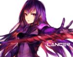  1boy 1girl bodysuit fate/grand_order fate_(series) gae_bolg lancer_(fate/grand_order) long_hair mi_bait purple_hair red_eyes solo 