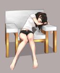 bare_legs barefoot black_eyes black_hair chair full_body grey_background jpeg_artifacts looking_at_viewer open_fly shirt short_shorts short_sleeves shorts sitting tsukino_wagamo twintails unzipped 