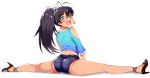  1girl antenna_hair ass black_hair blue_eyes blush denim denim_shorts earrings fang ganaha_hibiki hair_ribbon high_heels idolmaster jewelry long_hair ponytail ribbon short_shorts shorts smile solo split yokkora 