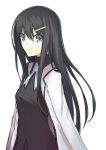 1girl black_hair blazer blue_eyes expressionless hair_ornament hairclip highres kauto long_hair looking_at_viewer original ribbon simple_background solo white_background 