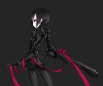  1girl arm_cannon black_background black_hair blame! bow cyberpunk cyborg from_behind gun kazuoki looking_back red_eyes red_ribbon ribbon sanakan science_fiction short_hair solo weapon 