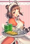  1girl ammunition apron brown_eyes brown_hair double_bun drum gloves instrument kantai_collection maid_headdress metal naka_(kantai_collection) one_eye_closed poroi_(poro586) short_hair smile tray 