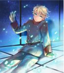  1boy aldnoah.zero aqua_eyes belt blonde_hair gloves highres male_focus military military_uniform miso_katsu short_hair sitting slaine_troyard uniform white_gloves 