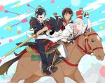  &gt;_&lt; 3boys :q anger_vein arrow black_hair brown_hair clenched_teeth dark_skin eyepatch hammer horse japanese_clothes male_focus miniboy multiple_boys ookurikara pomeko riding shinai shokudaikiri_mitsutada sode star sword tongue tongue_out touken_ranbu tsurumaru_kuninaga weapon white_hair yellow_eyes 