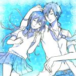  1boy 1girl blue_hair free! hand_in_hair matsuoka_gou navel necktie rio_(rio_01) school_uniform short_hair side-by-side sleeping tachibana_makoto 