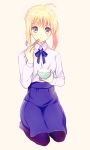  1girl ahoge blonde_hair casual chopsticks eating fate/stay_night fate_(series) food food_on_face kokabu rice_bowl rice_on_face saber seiza sitting solo 