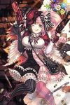  1girl :&gt; ;p alicia_(chain_chronicle) bag black_legwear breasts chain_chronicle dress flower gun handbag hat large_breasts long_hair multicolored_hair official_art one_eye_closed pink_eyes pink_legwear revolver scalpel shell_casing solo striped striped_legwear thigh-highs tongue tongue_out twintails weapon 