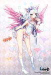    1girl animal_ears argyle argyle_background between_legs blue_eyes blush bow cat_ears full_body hair_bow interitio long_hair looking_at_viewer multiple_wings no_panties no_shoes sailor_collar socks solo standing tail tail_between_legs unleashed white_hair white_legwear wings wrist_cuffs 