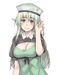  1girl breasts cleavage cleavage_cutout dress elf green_dress green_hair h_kasei hand_in_hair hat large_breasts long_hair looking_at_viewer original pointy_ears puffy_short_sleeves puffy_sleeves shirt short_sleeves smile solo upper_body very_long_hair violet_eyes 