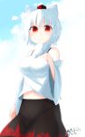  1girl animal_ears bare_shoulders breasts dated detached_sleeves hand_on_own_chest hat highres inubashiri_momiji large_breasts looking_at_viewer midriff navel pom_pom_(clothes) red_eyes short_hair signature silver_hair sky tokin_hat touhou wolf_ears 