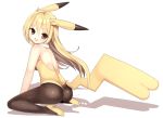  1girl ass bare_shoulders black_legwear blonde_hair blush brown_eyes from_behind full_body high_heels highres kuro_guren long_hair looking_at_viewer open_mouth pantyhose personification pikachu pikachu_ears pikachu_tail pokemon pokemon_(game) sitting solo tail wariza white_background 