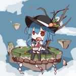  1girl alternate_hair_length alternate_hairstyle blue_hair brown_eyes chibi chopsticks food fruit hat highres hinanawi_tenshi holding nuu_(nu-nyu) obentou omelet peach short_hair short_hair_with_long_locks sitting solo tamagoyaki touhou 