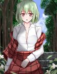  1girl blue_sky blush breasts cleavage clouds collarbone flower forest green_hair kazami_yuuka large_breasts long_sleeves nature no_bra off_shoulder open_clothes open_mouth open_shirt open_vest red_eyes shirt short_sleeves skirt sky solo stairs touhou vest wendell 