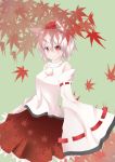  1girl animal_ears autumn autumn_leaves bare_shoulders breasts detached_sleeves hat highres inubashiri_momiji large_breasts leaf looking_at_viewer open_mouth pom_pom_(clothes) red_eyes ribbon ribbon-trimmed_sleeves ribbon_trim short_hair silver_hair solo tokin_hat touhou wolf_ears 