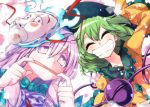  2girls blush bowtie closed_eyes eyeball green_hair grin hat hata_no_kokoro hokuto_(scichil) komeiji_koishi long_hair long_sleeves looking_at_viewer mask mouth_pull multiple_girls noh_mask open_mouth pink_eyes pink_hair plaid plaid_shirt shirt short_hair smile string third_eye touhou upper_body 