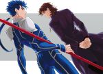  2boys blue_hair brown_hair cross cross_necklace fate/stay_night fate_(series) gae_bolg jewelry kotomine_kirei multiple_boys necklace polearm ponytail red_eyes spear sujin weapon 