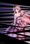  1girl alternate_costume bare_arms bare_shoulders breasts collarbone dress expressionless facing_away fox_mask hata_no_kokoro highres kawabe_aya layered_dress long_hair mask pink_eyes pink_hair purple_background solo strapless_dress striped striped_background touhou very_long_hair 
