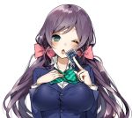  1girl aqua_eyes blush breasts chestnut_mouth hair_ribbon large_breasts long_hair looking_at_viewer love_live!_school_idol_project one_eye_closed open_mouth purple_hair ribbon school_uniform shironboako solo tarot toujou_nozomi twintails 